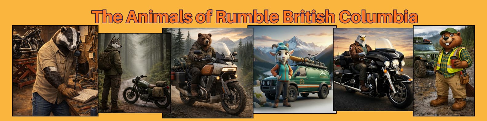 The Animals of Rumble British Columbia banner featuring all 6 BC animal characters