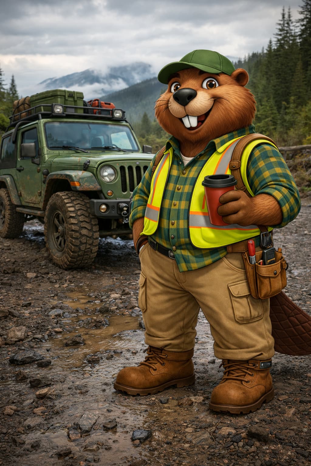 Backroad Ben a BC beaver in a safety vest with a tool belt on a muddy backroad in Quesnel Rumble Canada