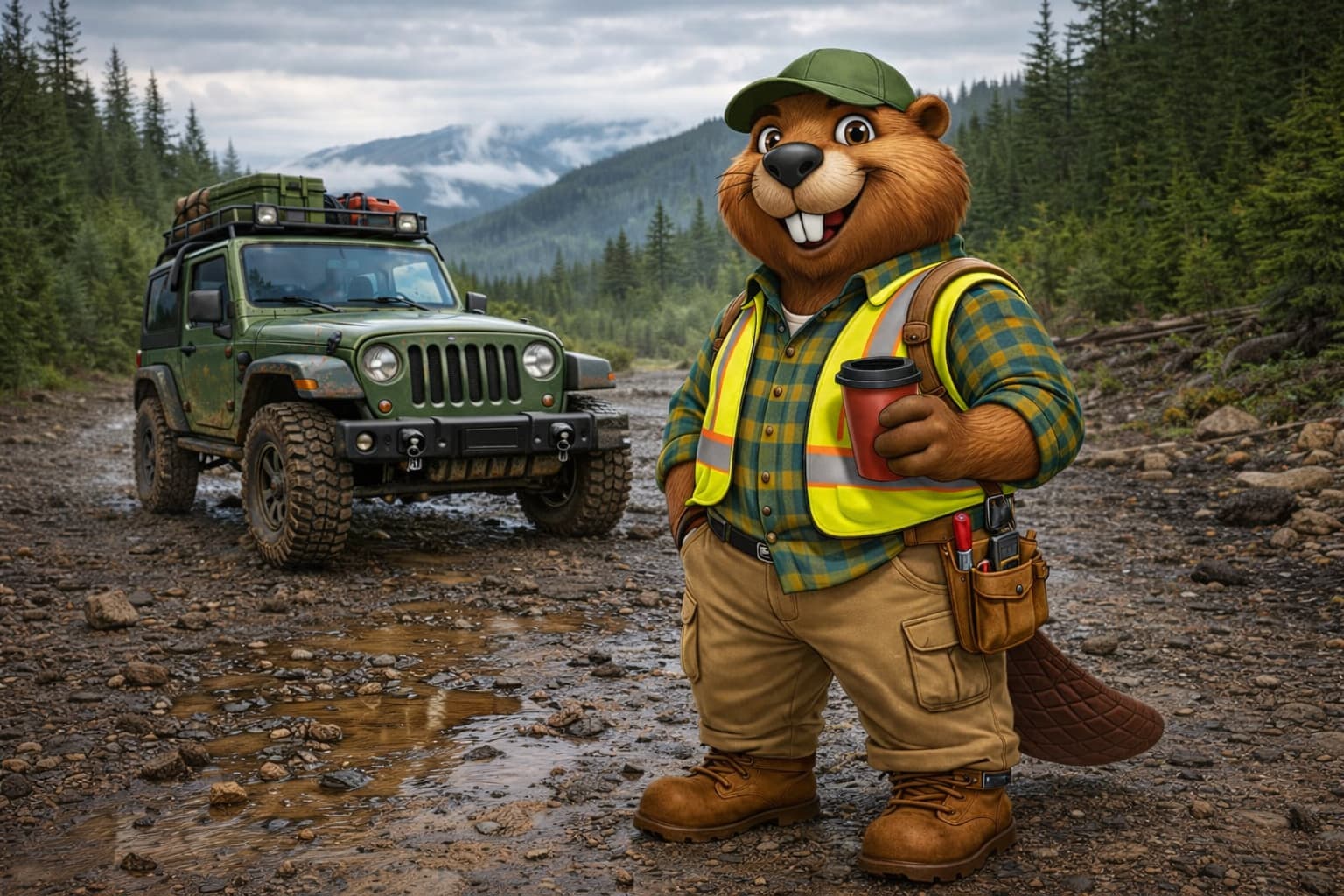 Backroad Ben a BC beaver mechanic on a landscape background with his Jeep and mountains