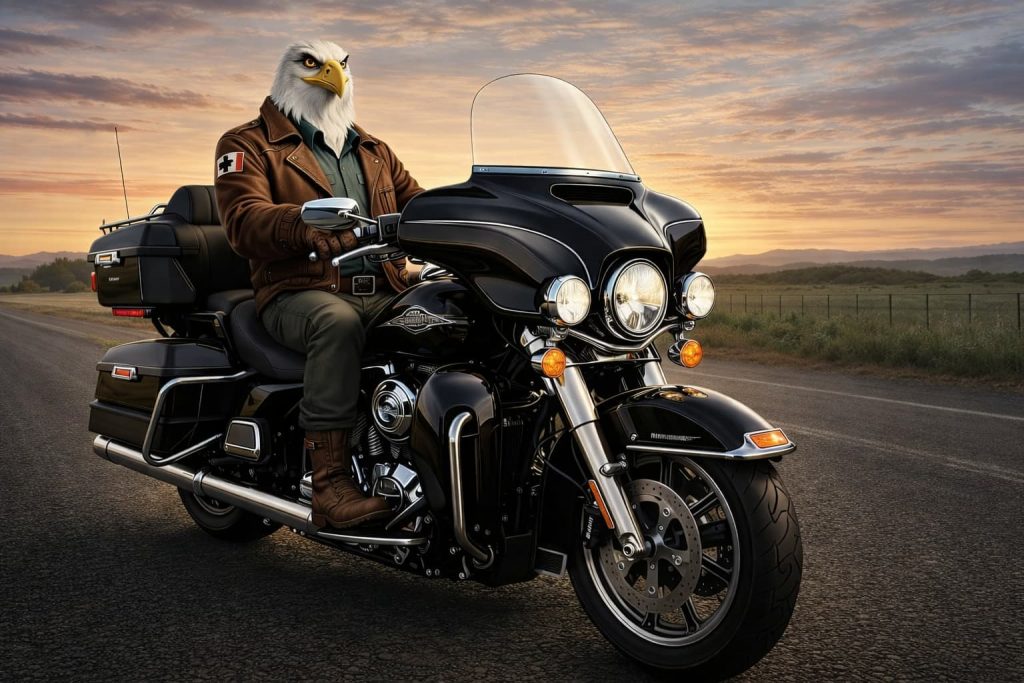 Captain Skye, BC Rumble Animal bald eagle riding a black Harley-Davidson Ultra Classic at sunset | Rumble Canada