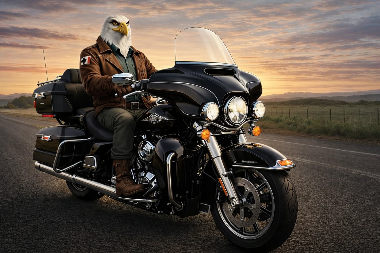 Captain Skye, BC Rumble Animal bald eagle riding a black Harley-Davidson Ultra Classic at sunset | Rumble Canada