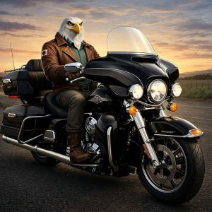 Captain Skye, BC Rumble Animal bald eagle riding a black Harley-Davidson Ultra Classic at sunset | Rumble Canada