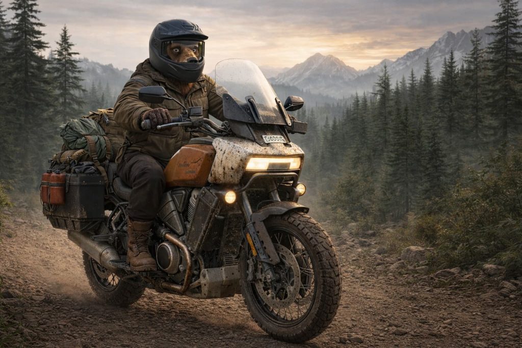 Gertie, BC Rumble Animal bear riding a mud-splattered adventure motorcycle through the Canadian Rockies | Rumble Canada