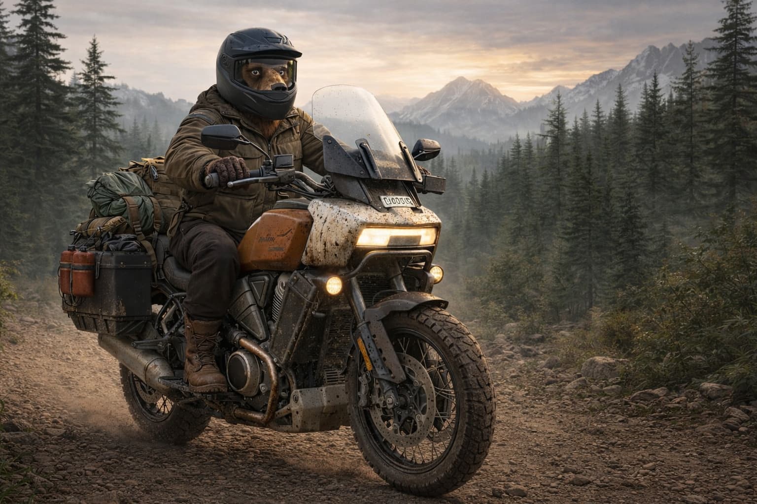 Gertie, BC Rumble Animal bear riding a mud-splattered adventure motorcycle through the Canadian Rockies | Rumble Canada