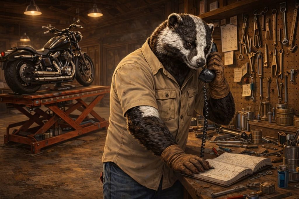 Ridge Rider, BC Rumble Animal badger mechanic on the phone in his Kamloops garage | Rumble Canada