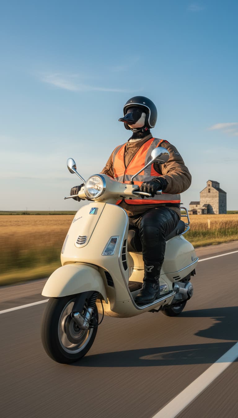 Prairie Wind Gus, MB Rumble Animal goose riding a Vespa scooter along an open Manitoba prairie highway | Rumble Canada