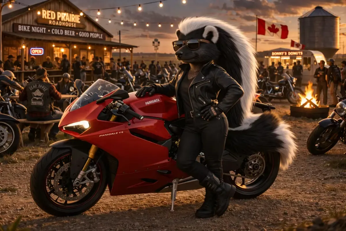 Misty of the Open Road, MB Rumble Animal skunk standing beside a red Ducati on a Manitoba prairie evening | Rumble Canada