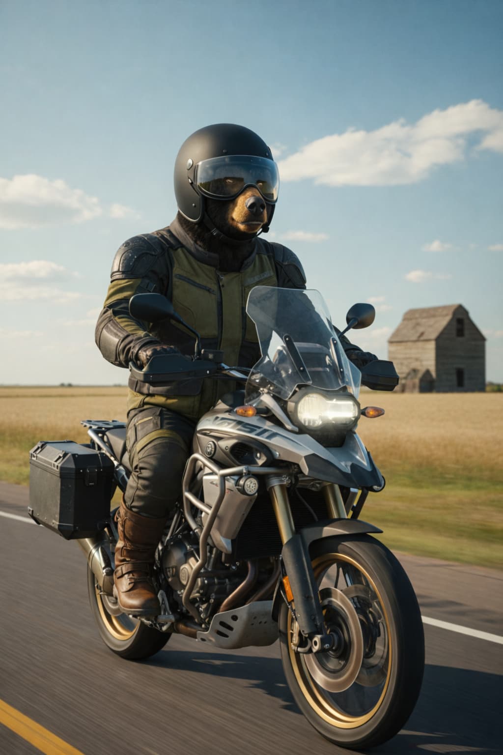 Winnipeg Winnie, MB Rumble Animal bear riding a loaded adventure touring bike down a long Manitoba prairie highway | Rumble Canada